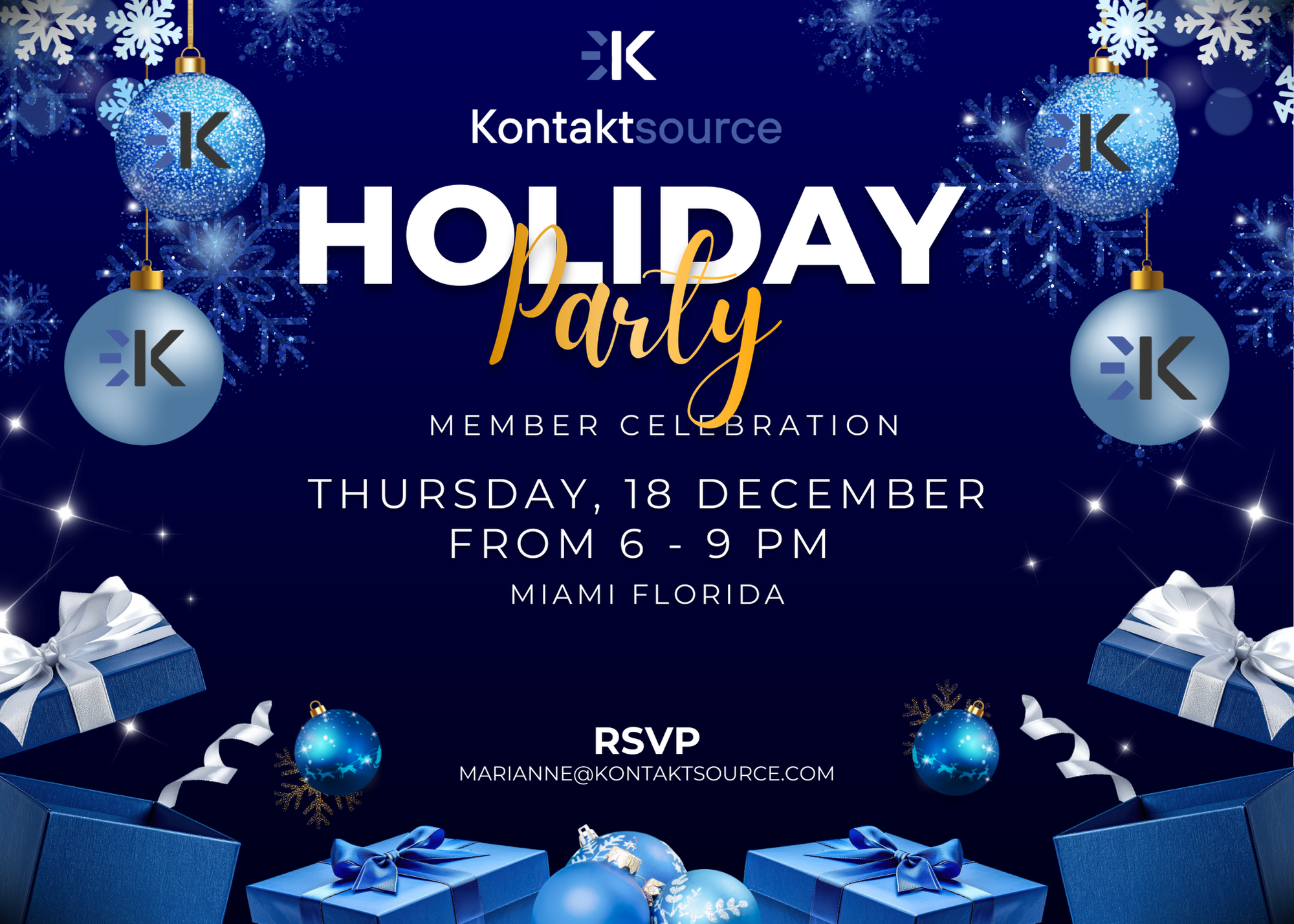 Blue and Gold Elegant Christmas Party Invitation (Landscape)